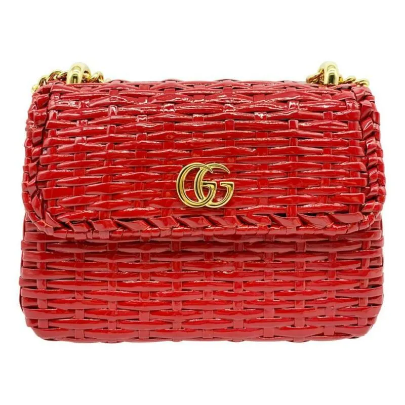 Gucci GG Marmont Shoulder Linea Cestino Mini Web Straw Red Cross Body Bag