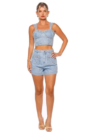 Hand Beaded Patch Pocket Denim Shorts