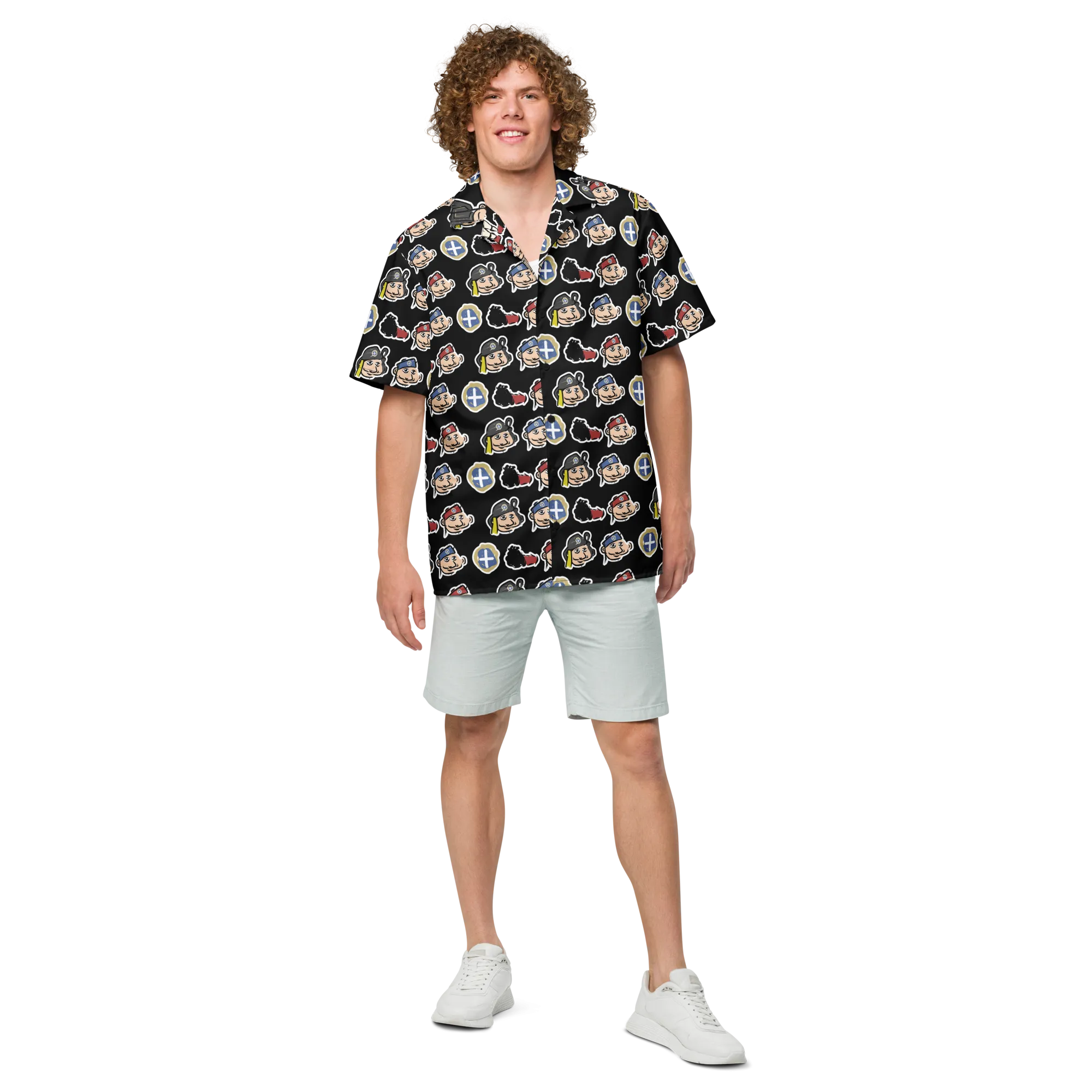 Happy Evzones Heads Black Hawaiian Unisex button shirt