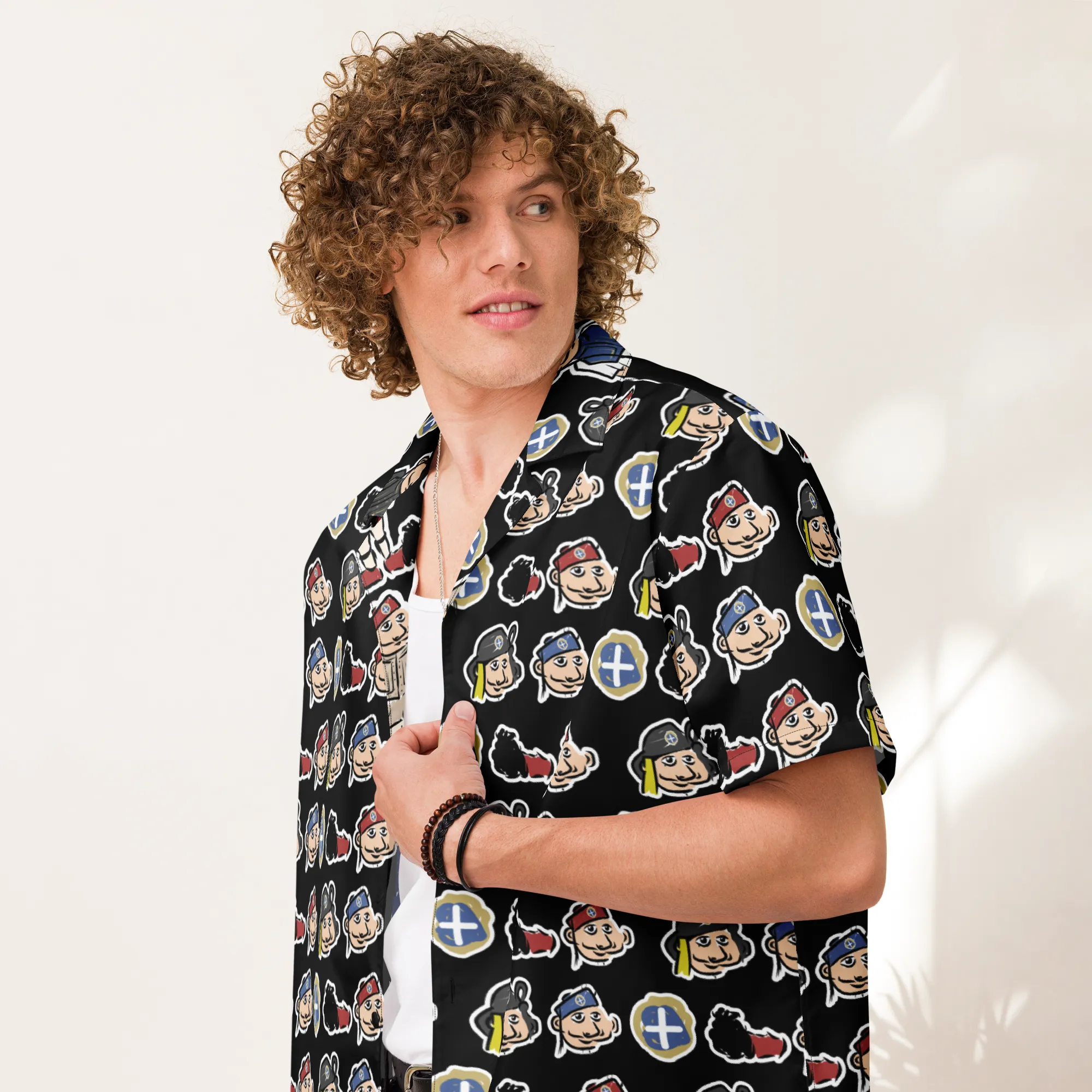 Happy Evzones Heads Black Hawaiian Unisex button shirt