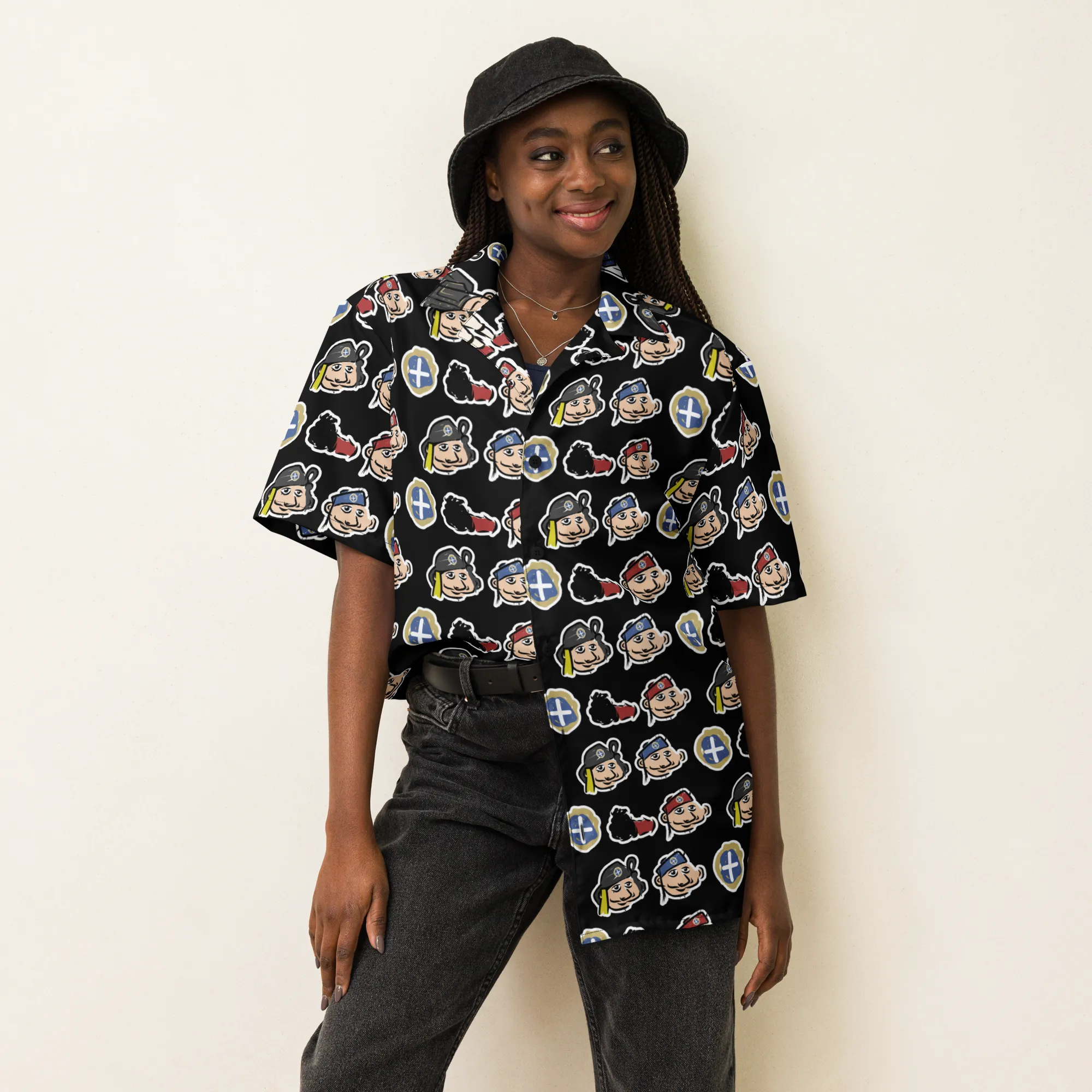 Happy Evzones Heads Black Hawaiian Unisex button shirt