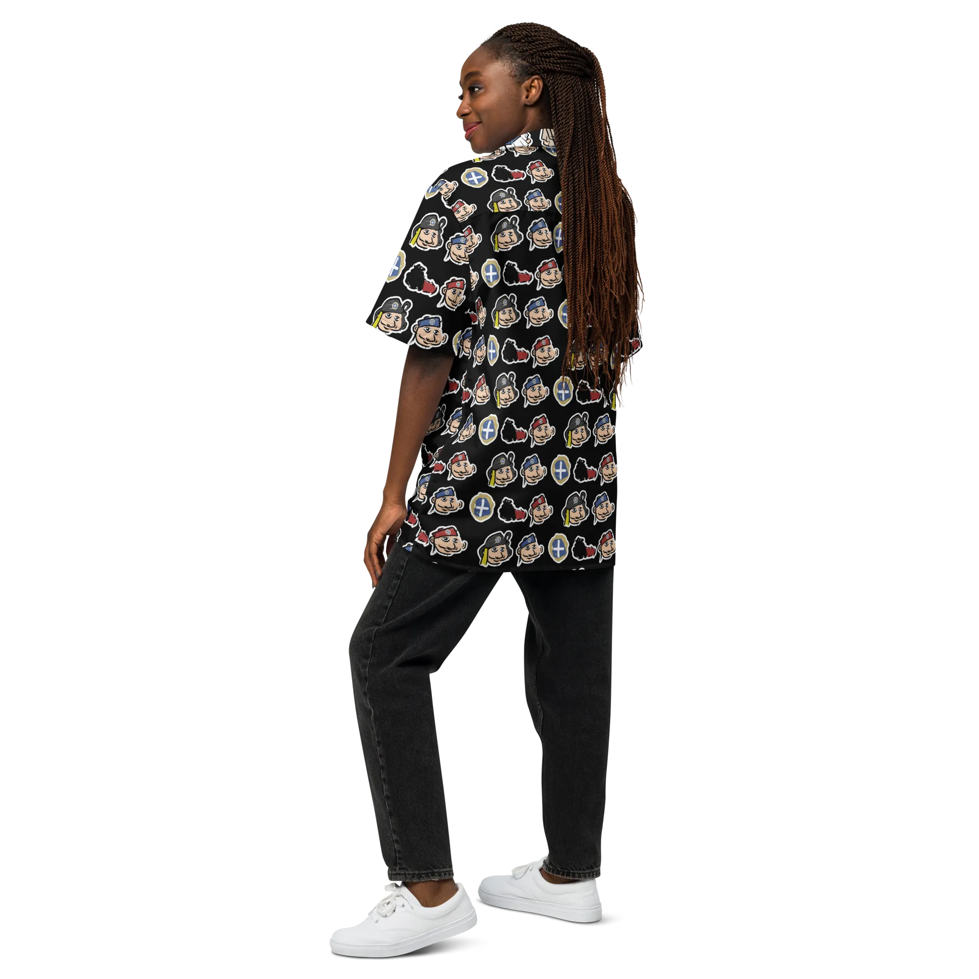 Happy Evzones Heads Black Hawaiian Unisex button shirt