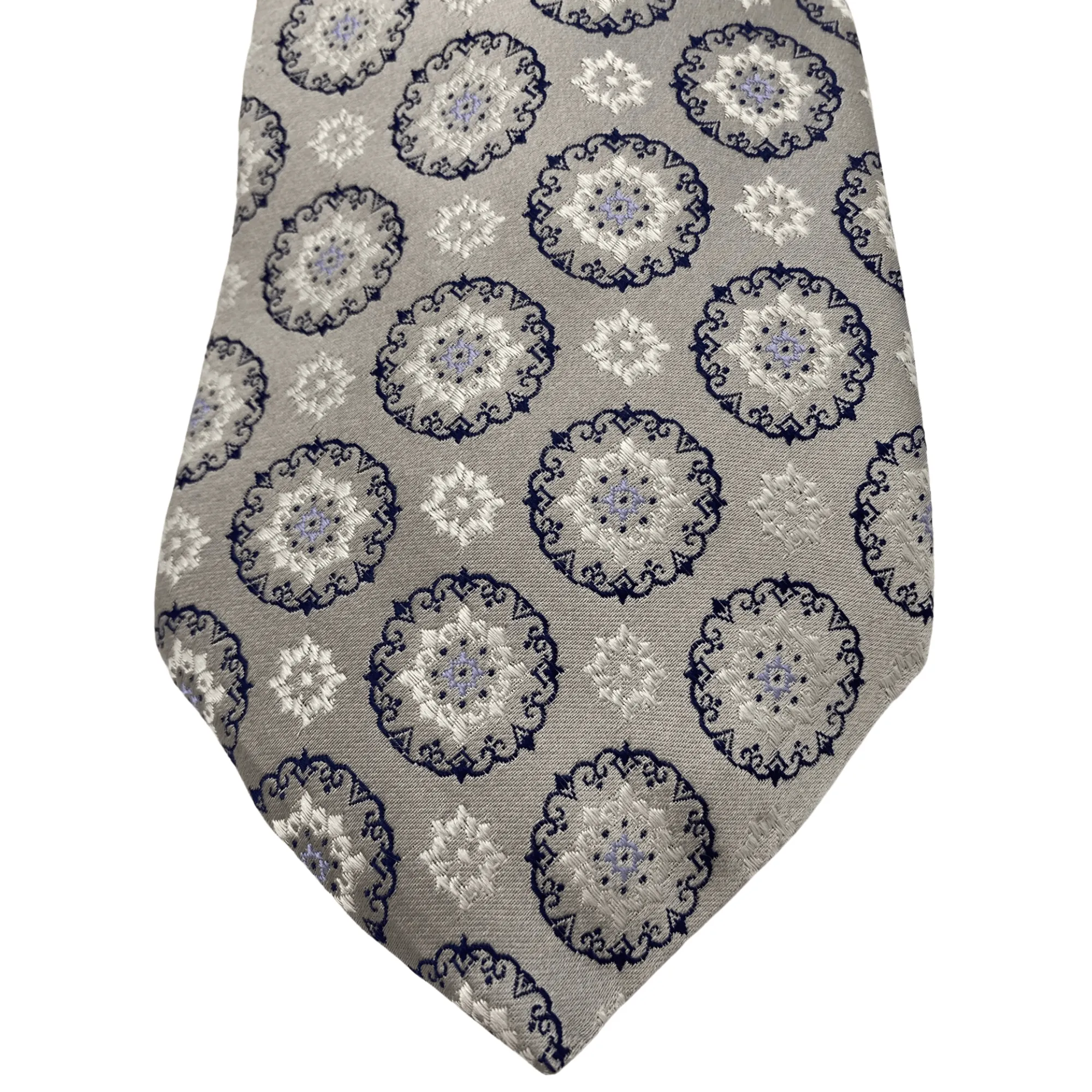 IKE BEHAR Circular Geometric Patterned Silk Tie - Grey, Midnight & Silver