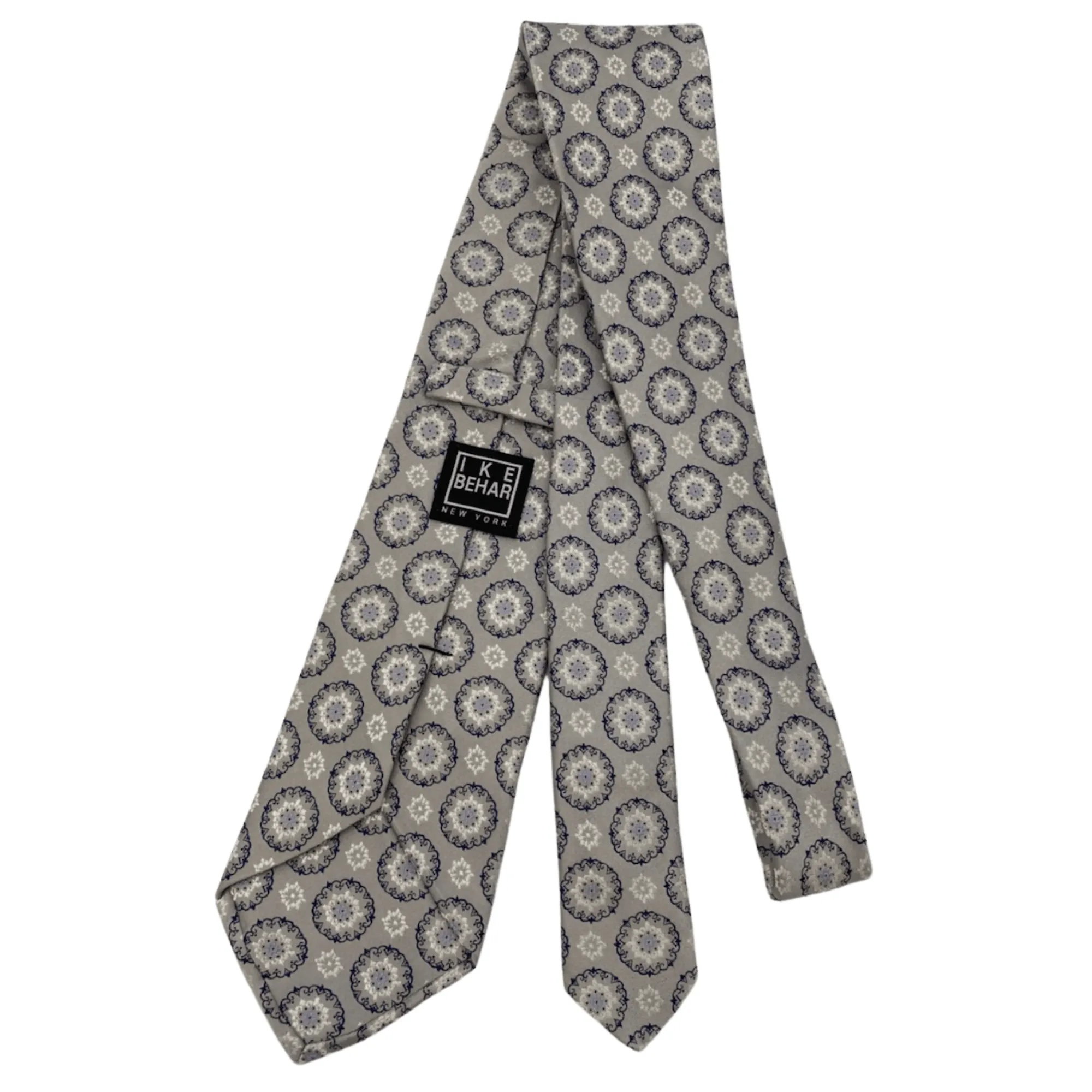 IKE BEHAR Circular Geometric Patterned Silk Tie - Grey, Midnight & Silver