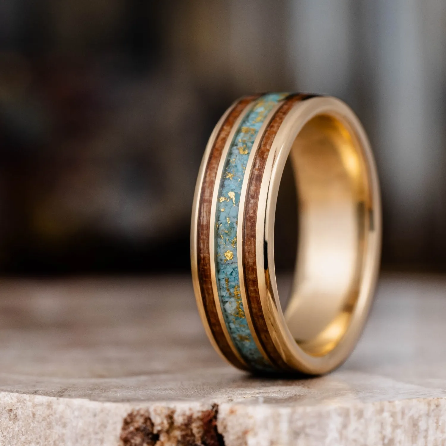 (In-Stock) Men's 10k Yellow Gold Wedding Band with Turquoise and Black Cherry Wood - Size 9.25 | 8mm Wide