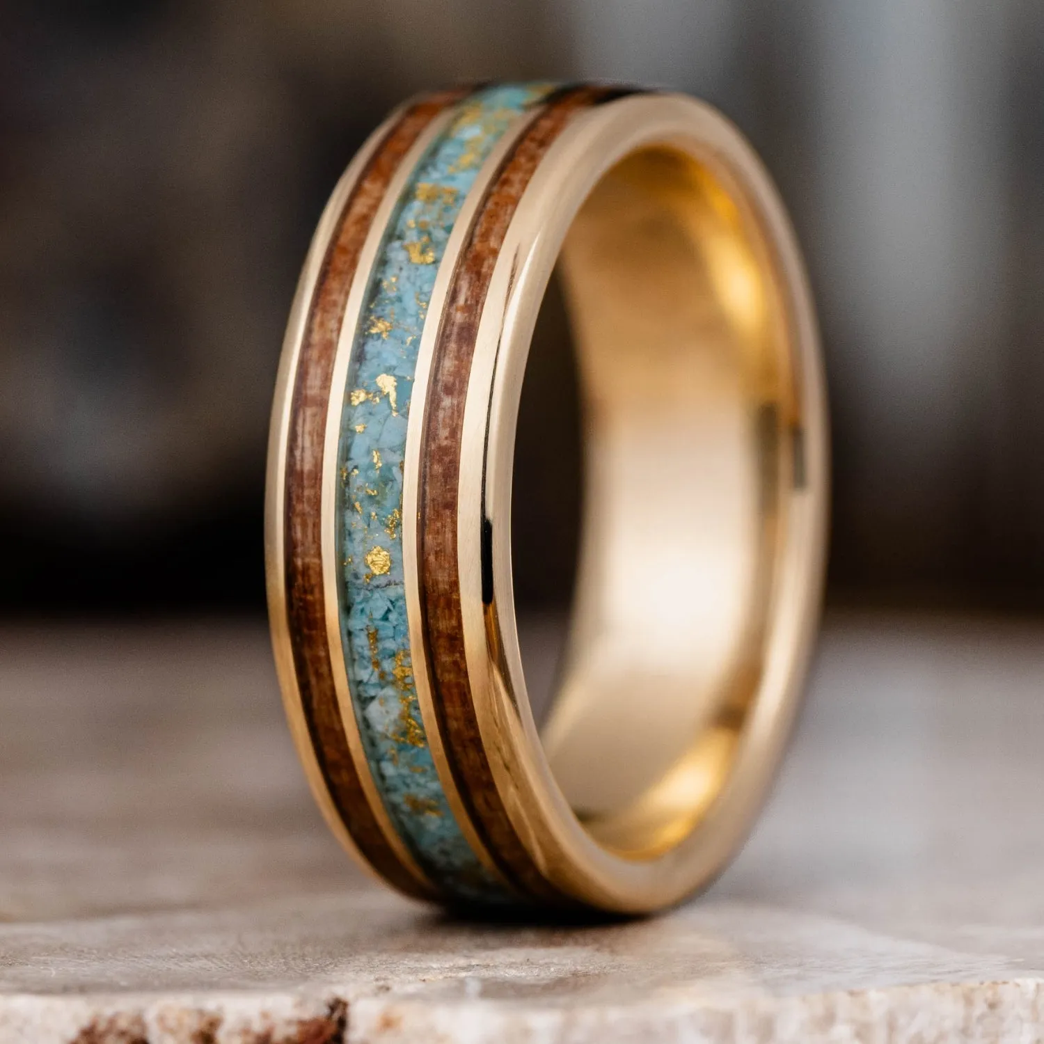 (In-Stock) Men's 10k Yellow Gold Wedding Band with Turquoise and Black Cherry Wood - Size 9.25 | 8mm Wide