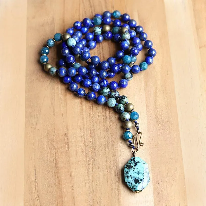 “Intuition and Change” Lapis Lazuli and African Turquoise Hand Knotted Mala Necklace - Final Sale