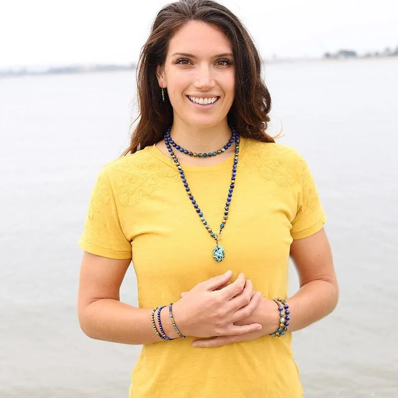 “Intuition and Change” Lapis Lazuli and African Turquoise Hand Knotted Mala Necklace - Final Sale