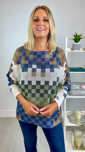 Joey - Green/Blue Square Print Fine Knit Top