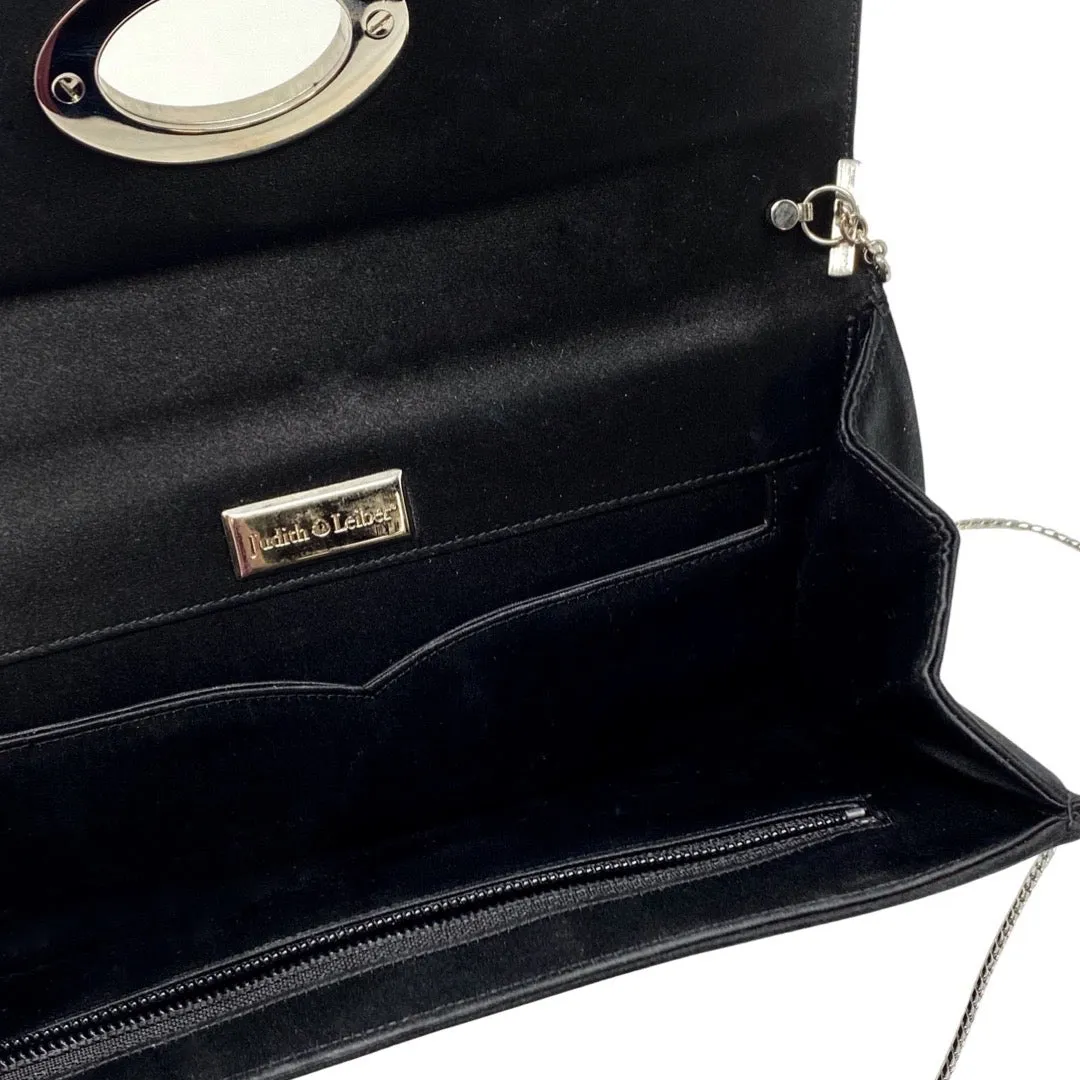 Judith Leiber Black Satin Green Crystal Silver Chain Bag