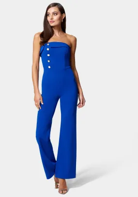 Knit Crepe Strapless Button Detail Wide Leg Jumpsuit