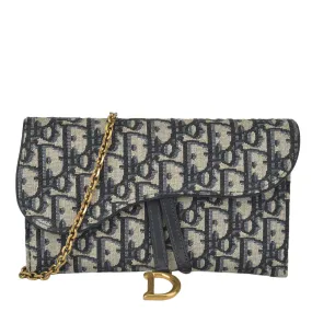 Long Saddle Wallet with Chain in Blue Dior Oblique Jacquard