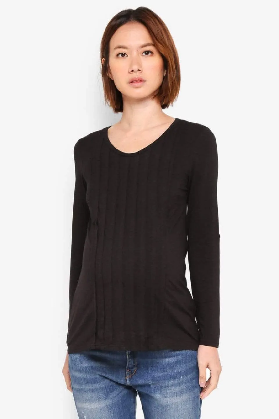 Long Sleeved Venus Pleats Row Nursing Top Black