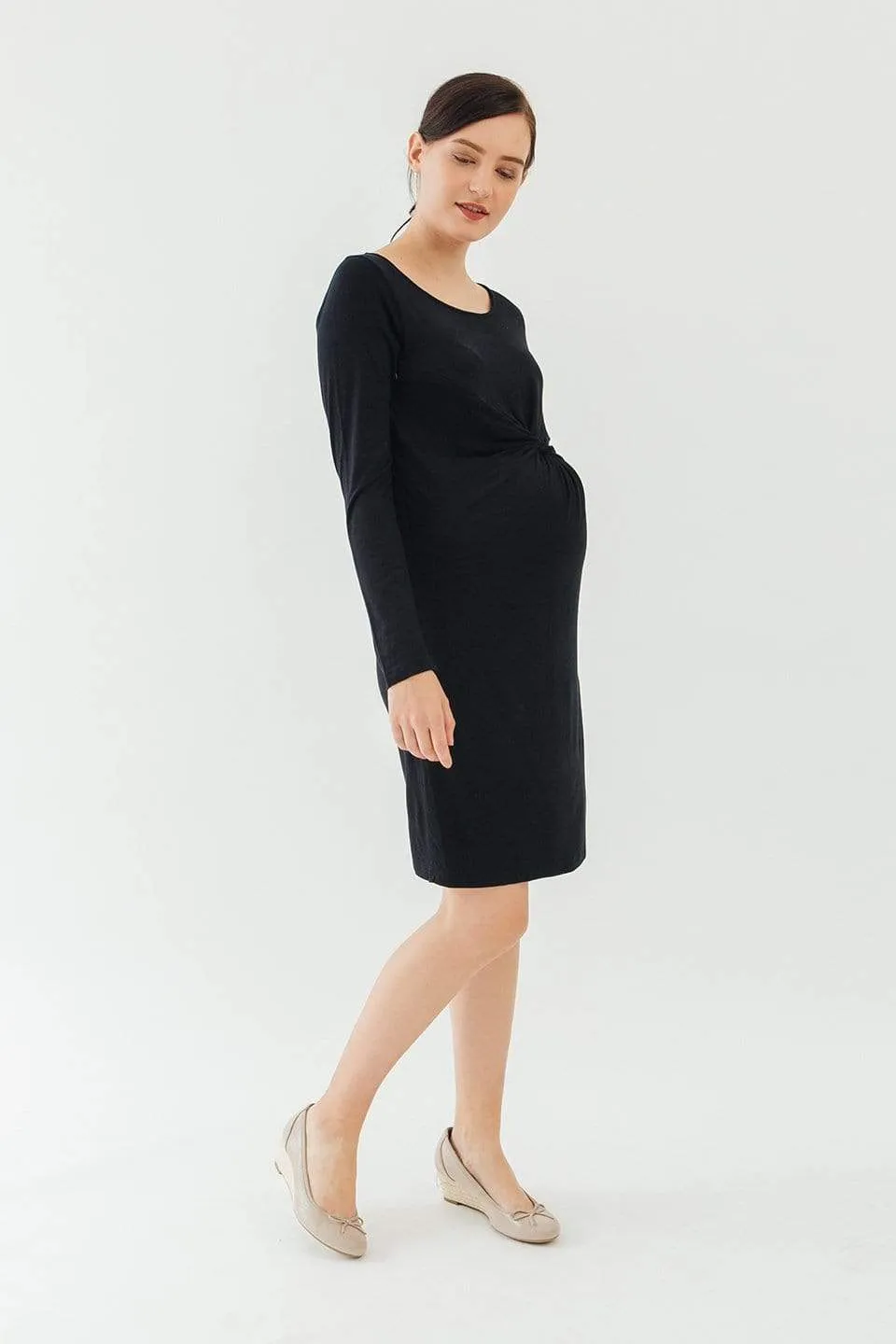 Long Sleeves Beatrisa Twisted Maternity Dress Black