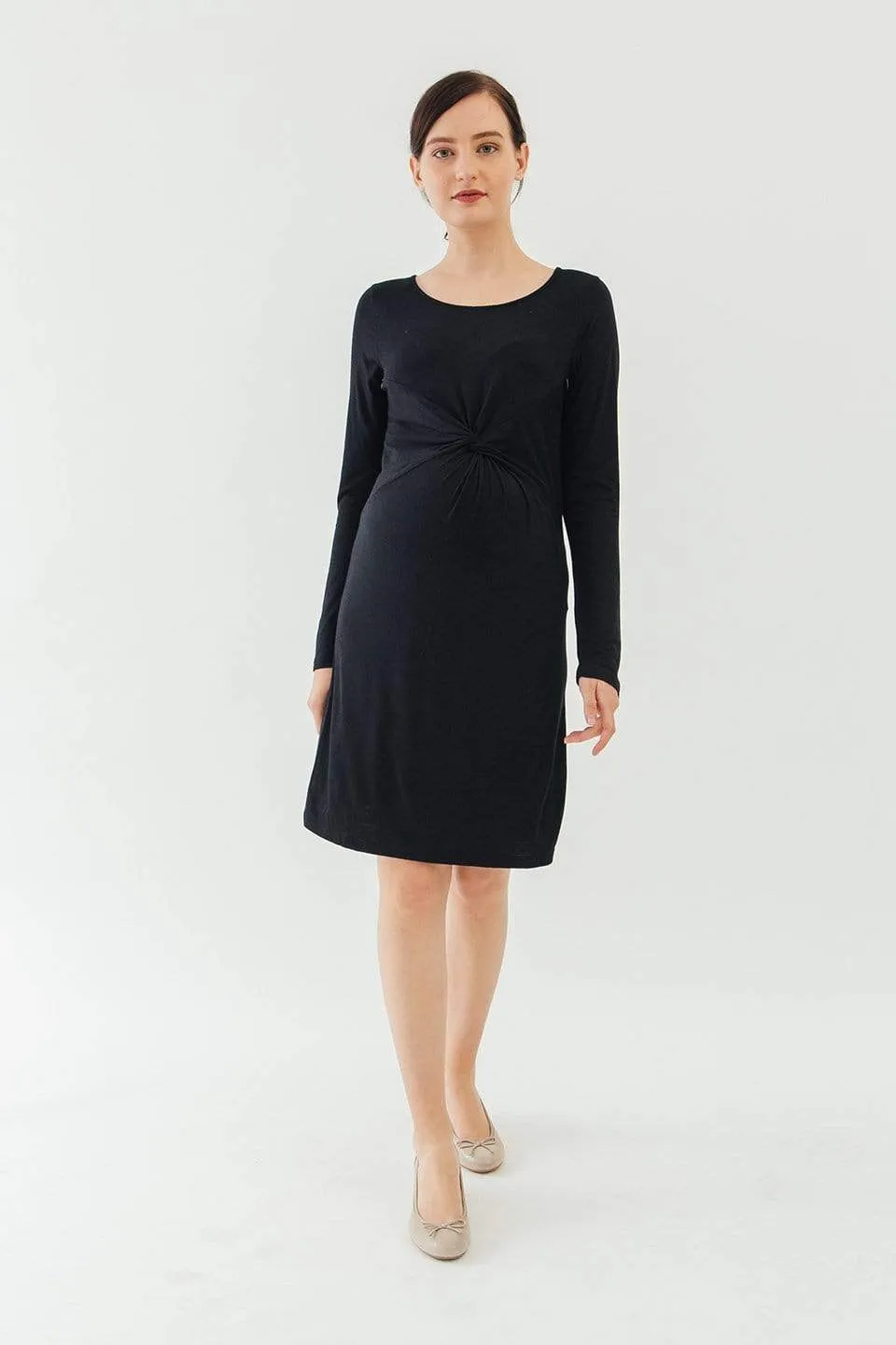 Long Sleeves Beatrisa Twisted Maternity Dress Black