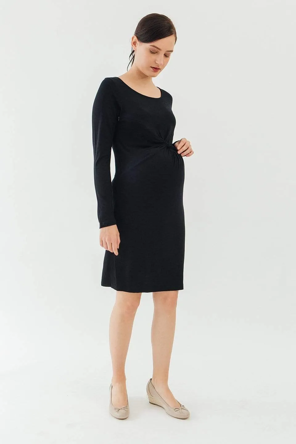 Long Sleeves Beatrisa Twisted Maternity Dress Black