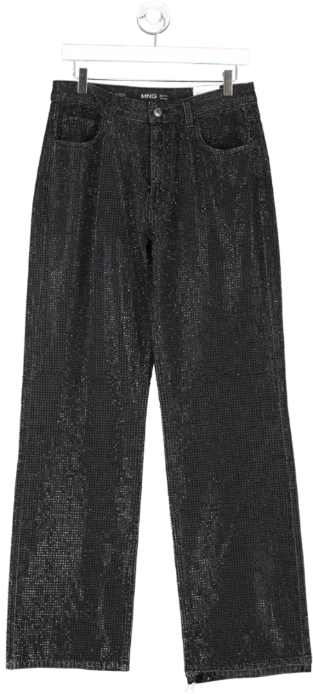 MANGO Black Wide Leg Jeans With Rhinestone UK 10