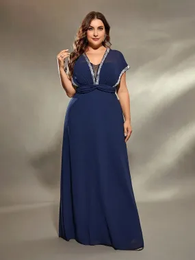 Navy Chiffon Silver Sequin Trim Plus Size Evening Dress