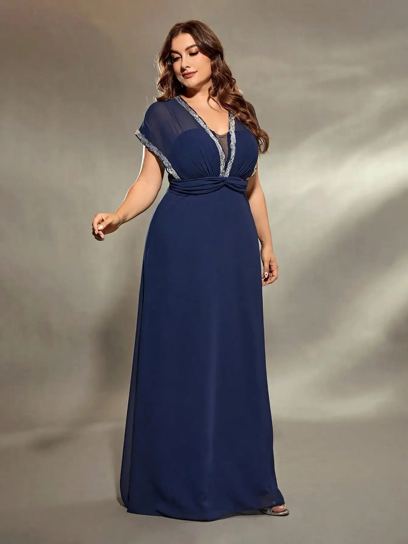 Navy Chiffon Silver Sequin Trim Plus Size Evening Dress