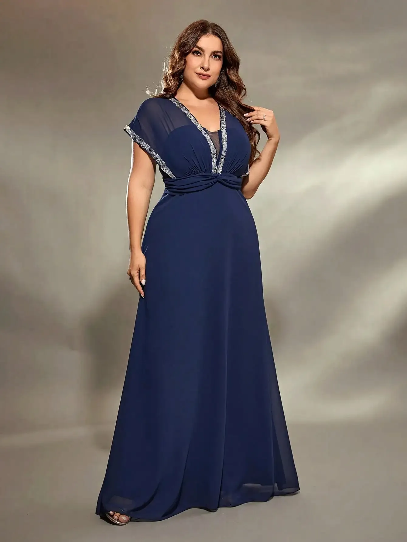 Navy Chiffon Silver Sequin Trim Plus Size Evening Dress