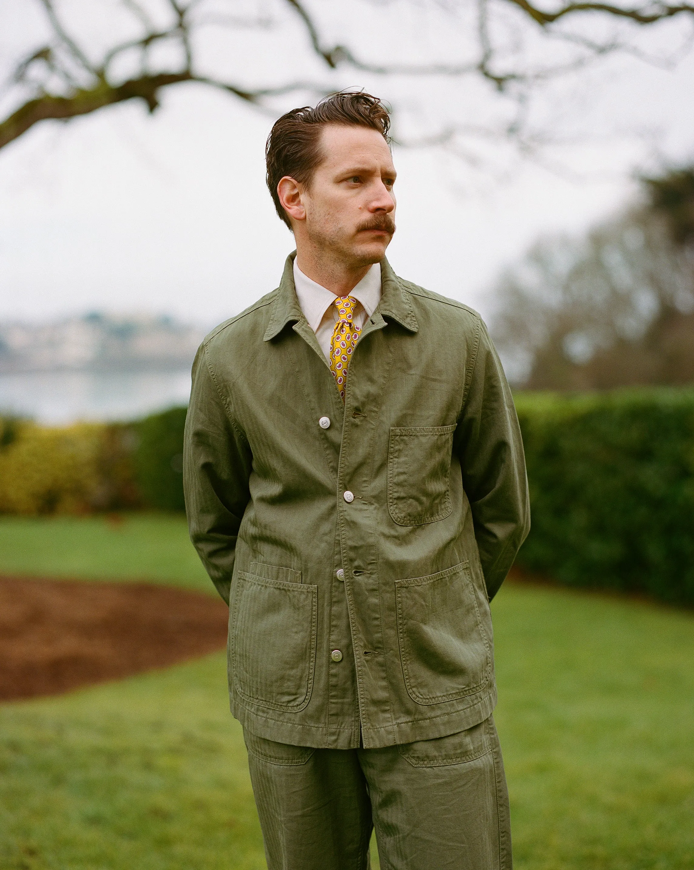 Olive Cotton-Linen Herringbone Fatigue Jacket