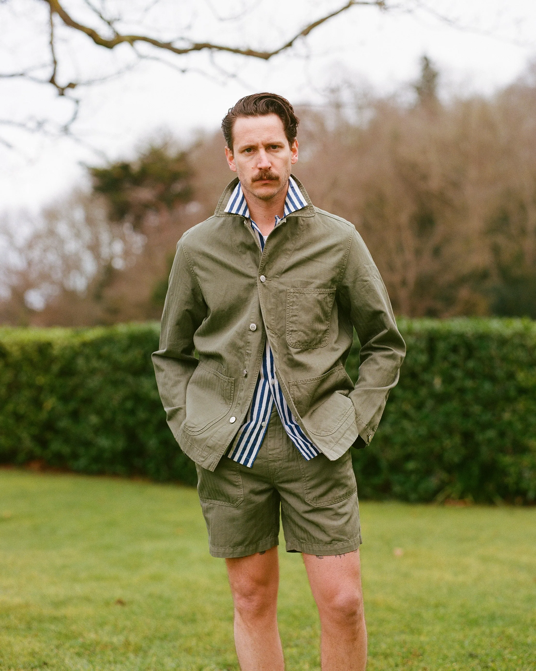 Olive Cotton-Linen Herringbone Fatigue Jacket