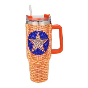 Orange & Royal Blue Bling Studded Texas Astros Star Pointed 40oz Stainless Steel Tumbler With Handle