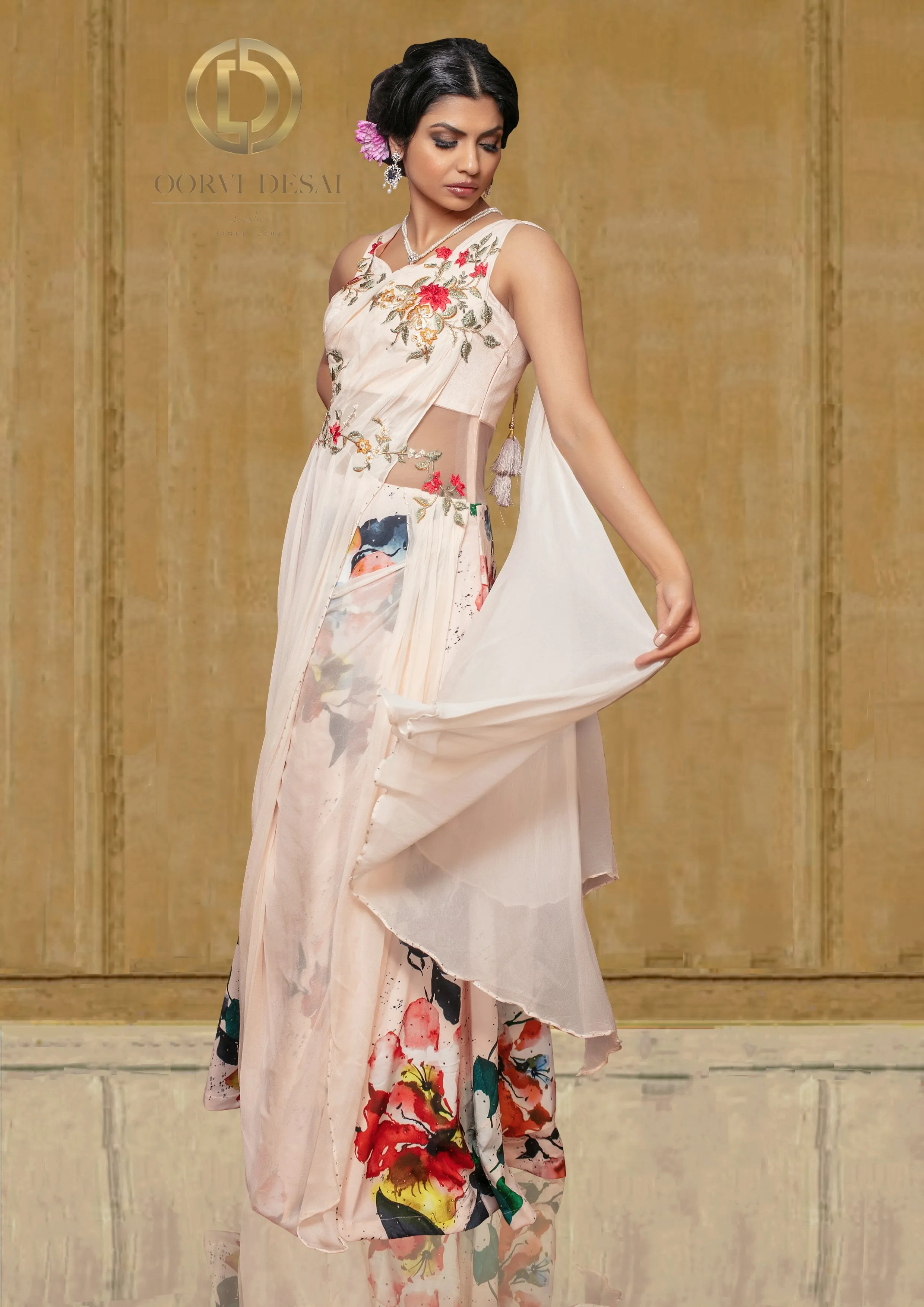 Pastel Peach Gown Digitally Printed for Cocktail/ Partywear Outfit