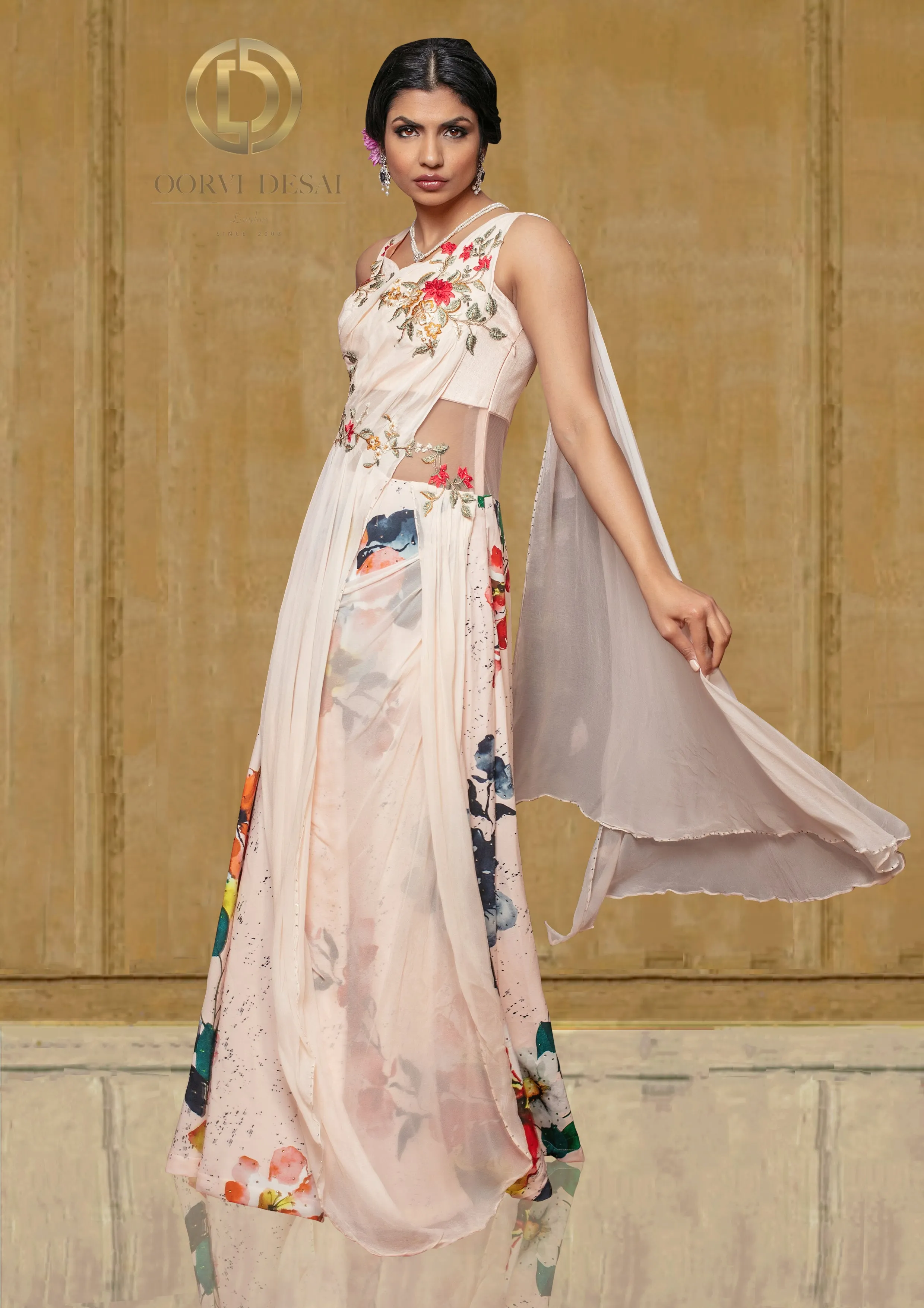 Pastel Peach Gown Digitally Printed for Cocktail/ Partywear Outfit