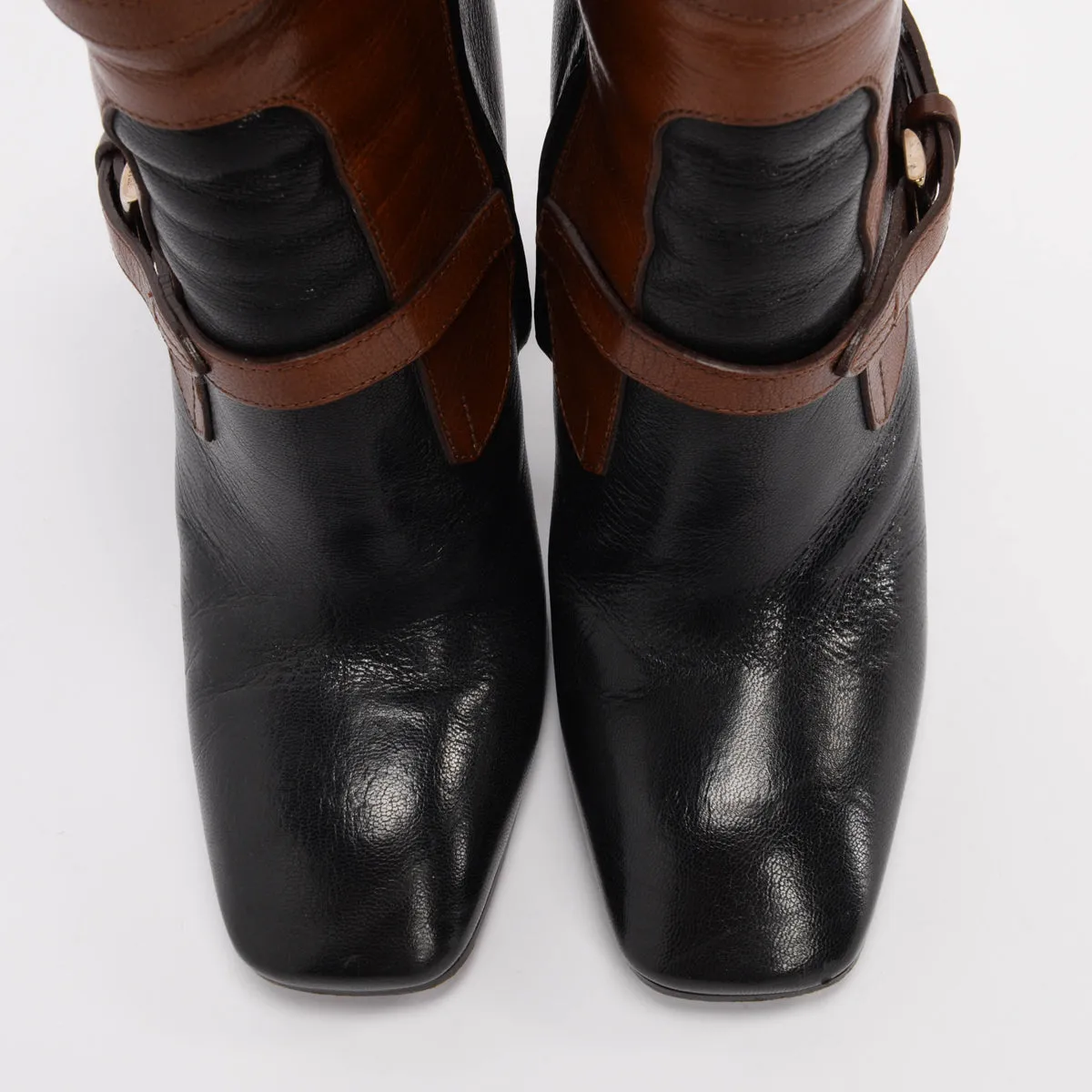 Prada Black & Tan Leather Strap Detail Boots 38.5