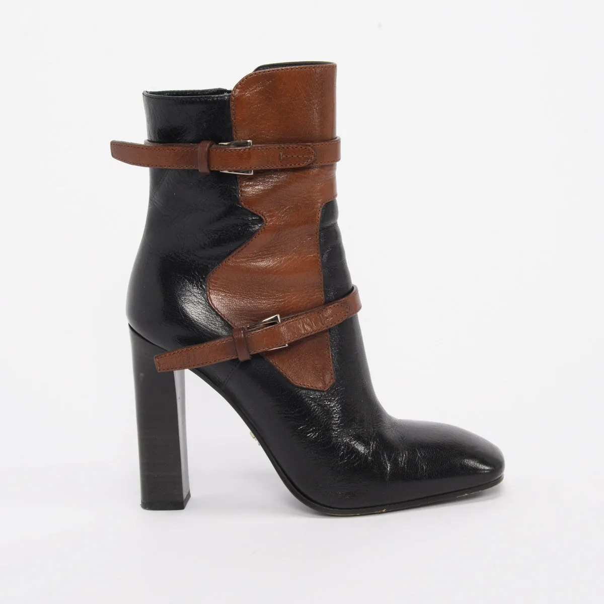 Prada Black & Tan Leather Strap Detail Boots 38.5