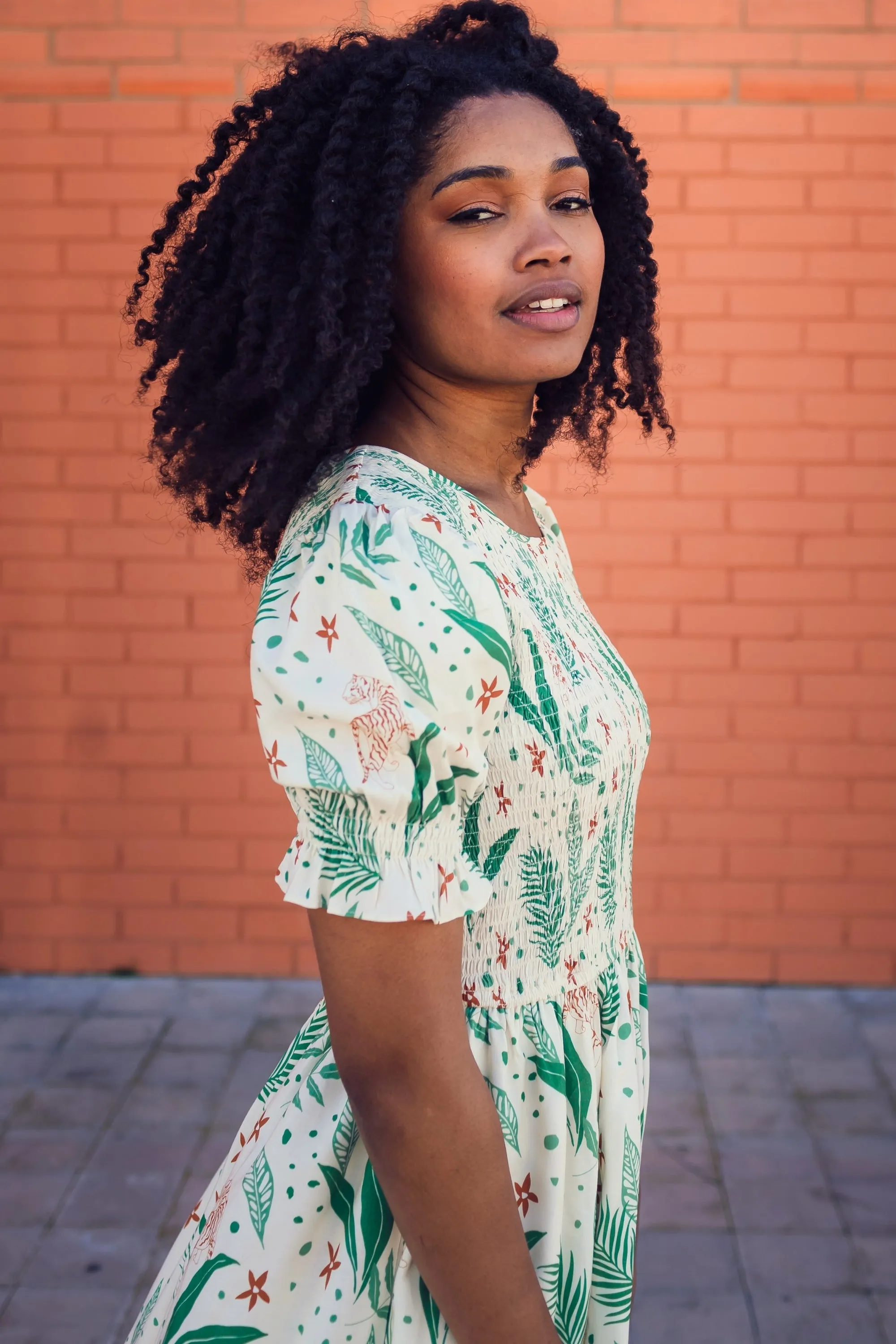 Rosita Midi Shirred Dress - Cream, Jungle Leaves