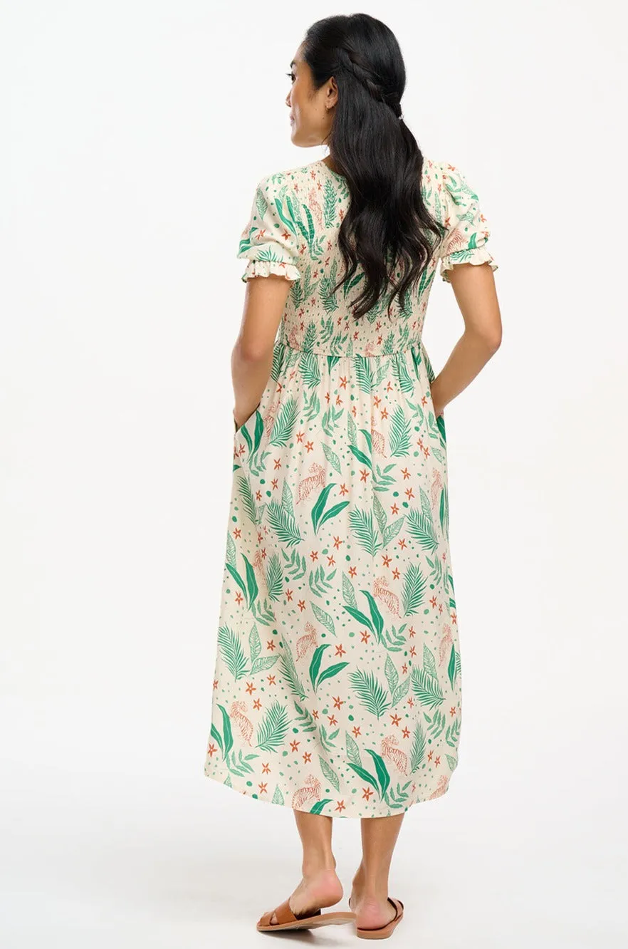 Rosita Midi Shirred Dress - Cream, Jungle Leaves