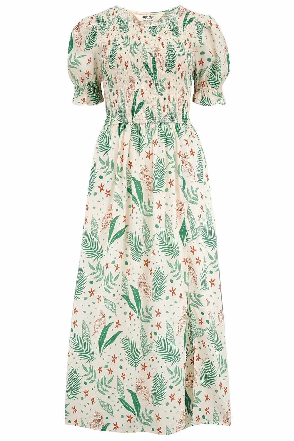 Rosita Midi Shirred Dress - Cream, Jungle Leaves