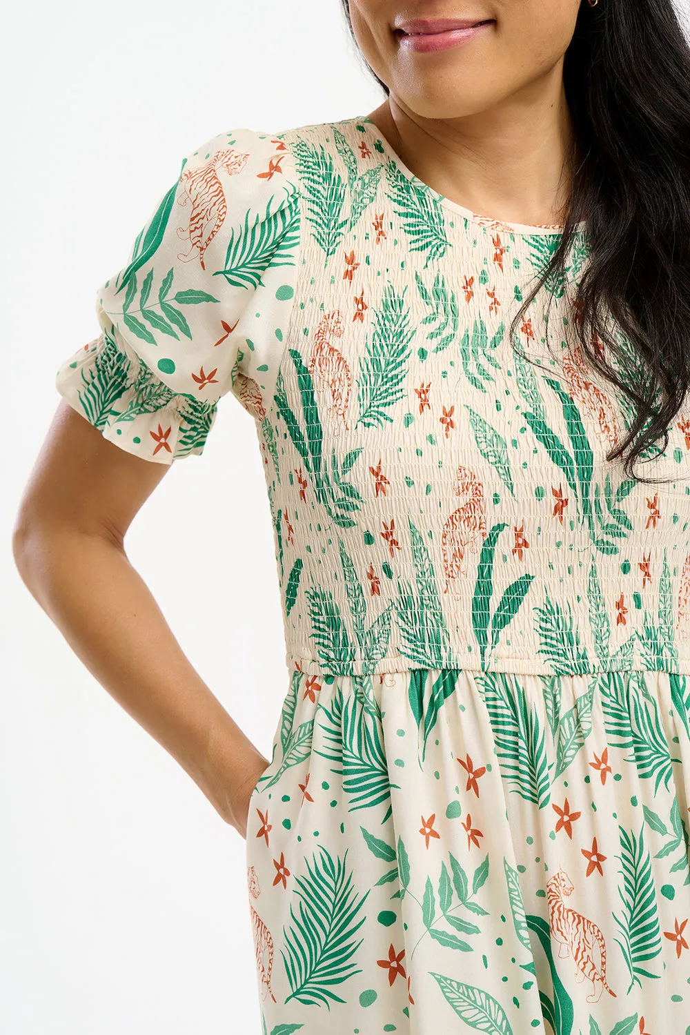 Rosita Midi Shirred Dress - Cream, Jungle Leaves