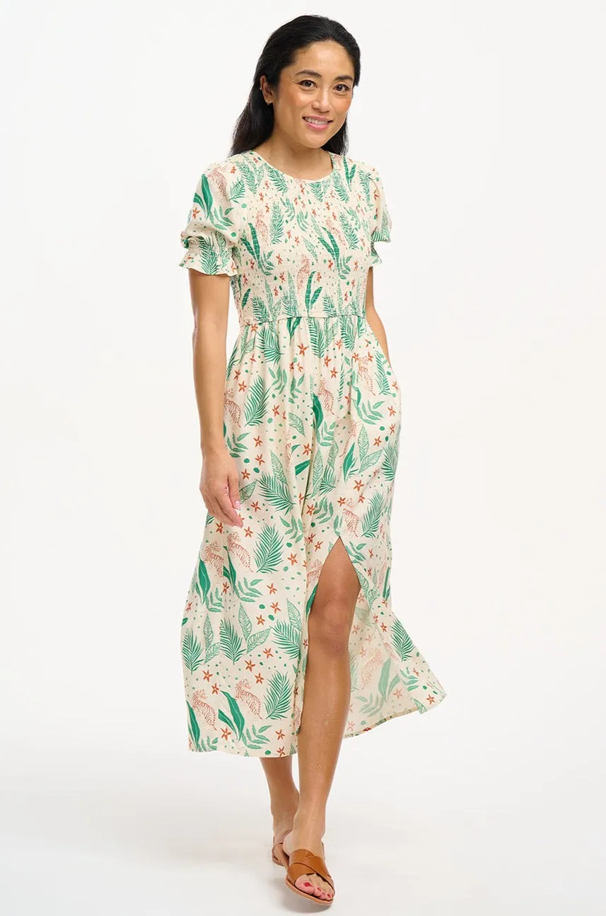 Rosita Midi Shirred Dress - Cream, Jungle Leaves