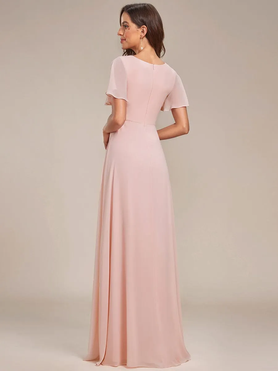 Ruffles Sleeve High Slit with Louts Leaf Chiffon Evening Dress