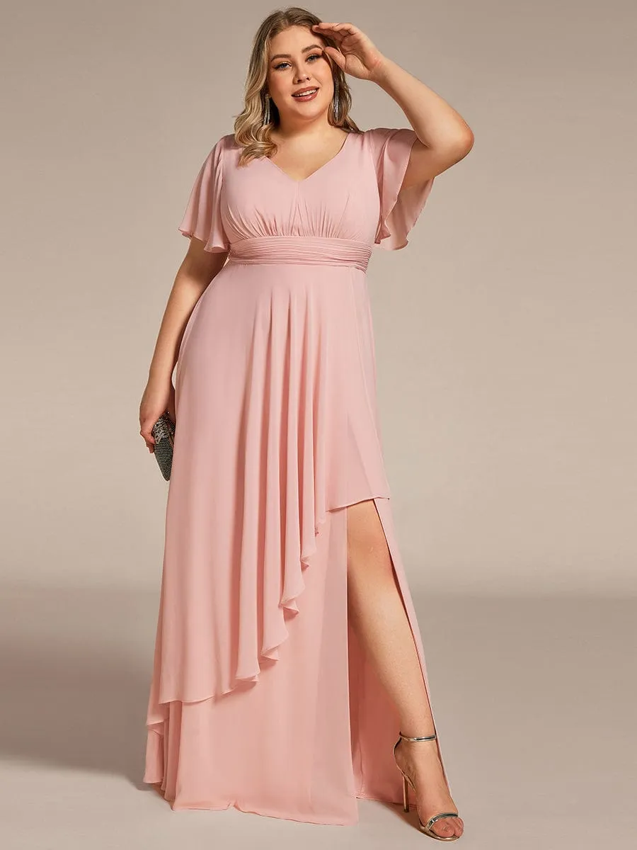 Ruffles Sleeve High Slit with Louts Leaf Chiffon Evening Dress