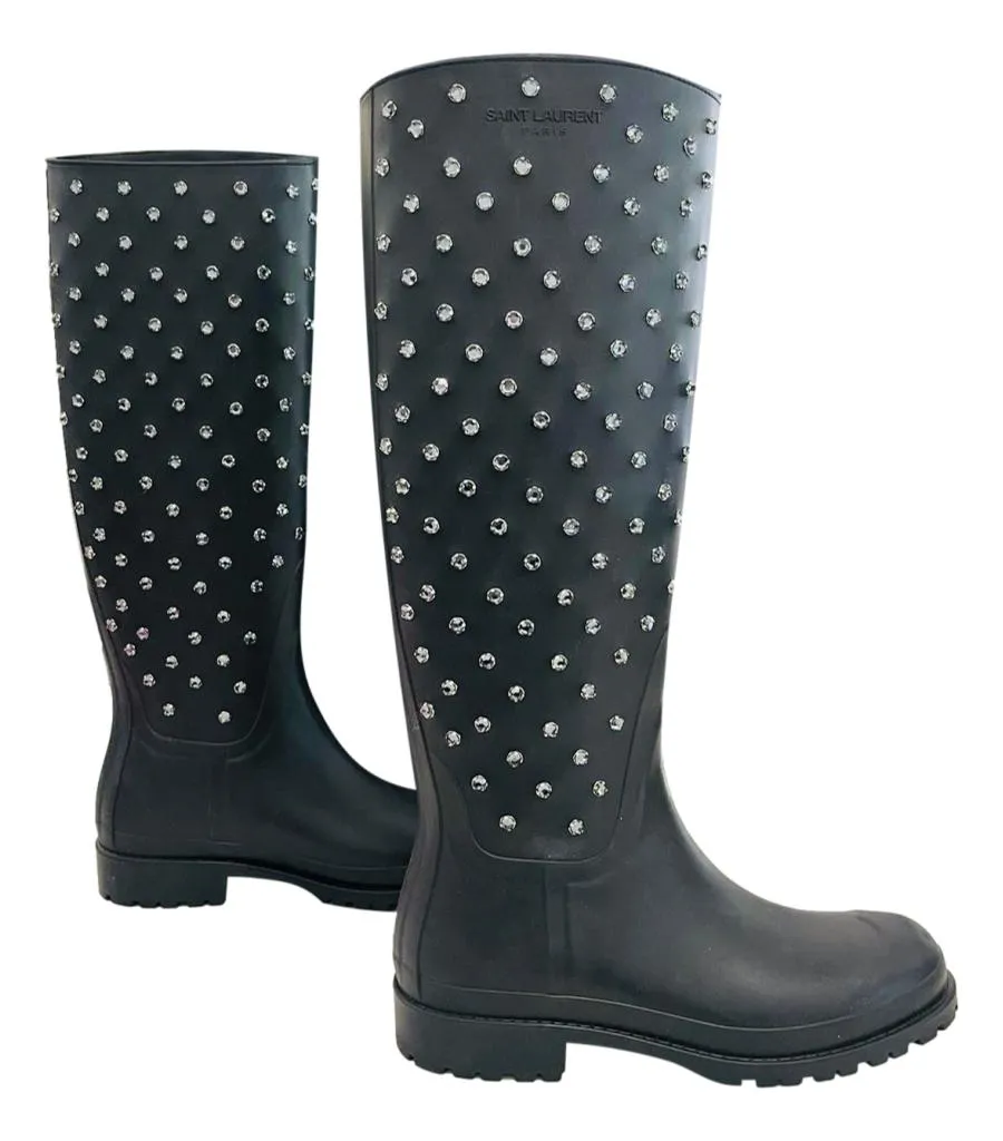 Saint Laurent Festival 25 Crystal Studded Rubber Rain Boots. Size 36