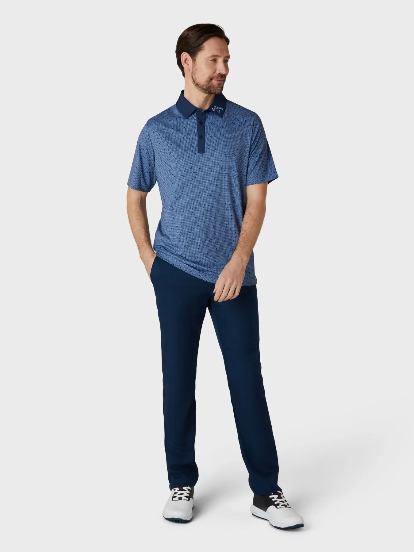 Short Sleeve Chev All Over Trademark Print Polo Shirt In Peacoat