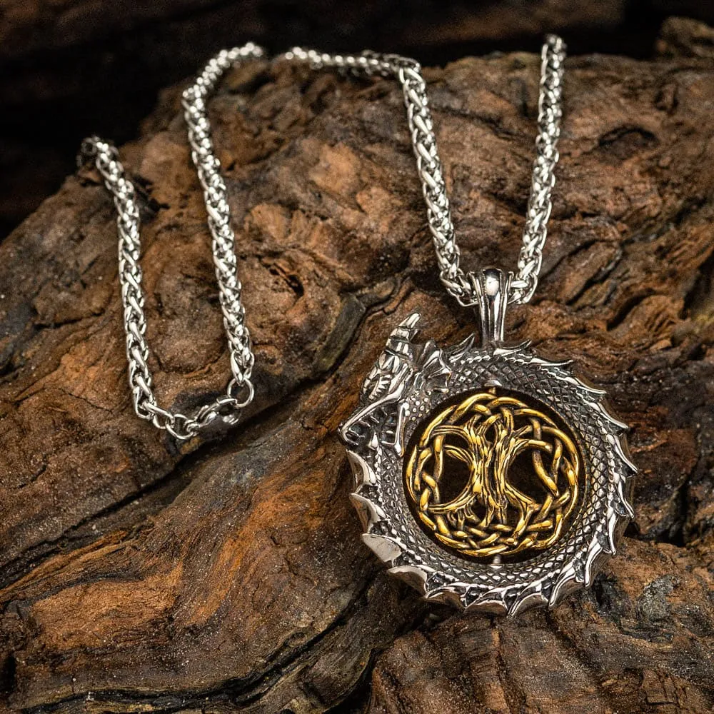 Stainless Steel Jormungand Necklace With Central Rotating Tree of Life