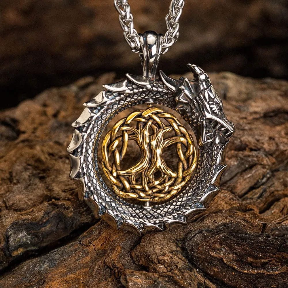 Stainless Steel Jormungand Necklace With Central Rotating Tree of Life