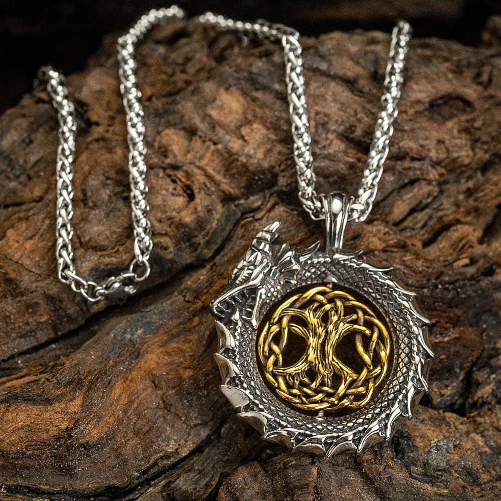 Stainless Steel Jormungand Necklace With Central Rotating Tree of Life