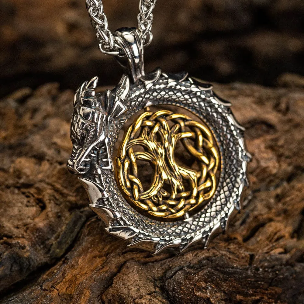 Stainless Steel Jormungand Necklace With Central Rotating Tree of Life