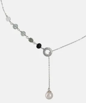 Sterling Silver Rhodium Plated Necklace for Women with 8mm Round White Pearl and Black Murano Crystals, 17/19 Necklace Length, Algaida Collection