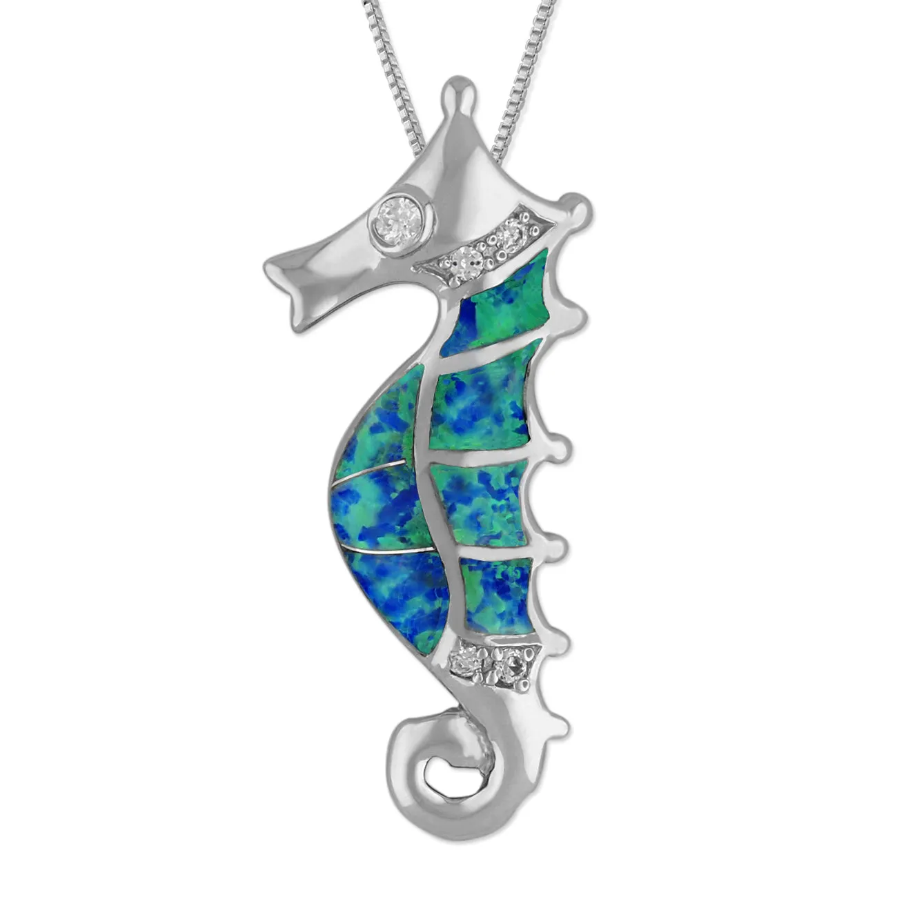 Sterling Silver Synthetic Blue Opal Seahorse Pendant Necklace, 16 2" Extender