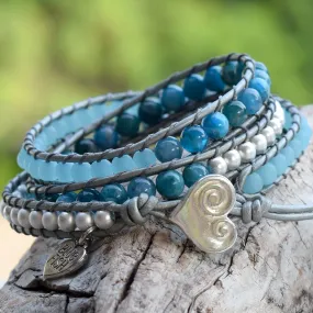 Summer Blue Apatite, Recycled Glass, & Silver Hematite Wrap Bracelet