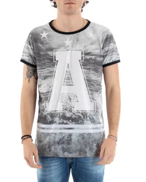 T-Shirt Uomo Mezza Manica Stampa Lettera Mare Grigio Girocollo Righe Slim GIOSAL-TS2799A