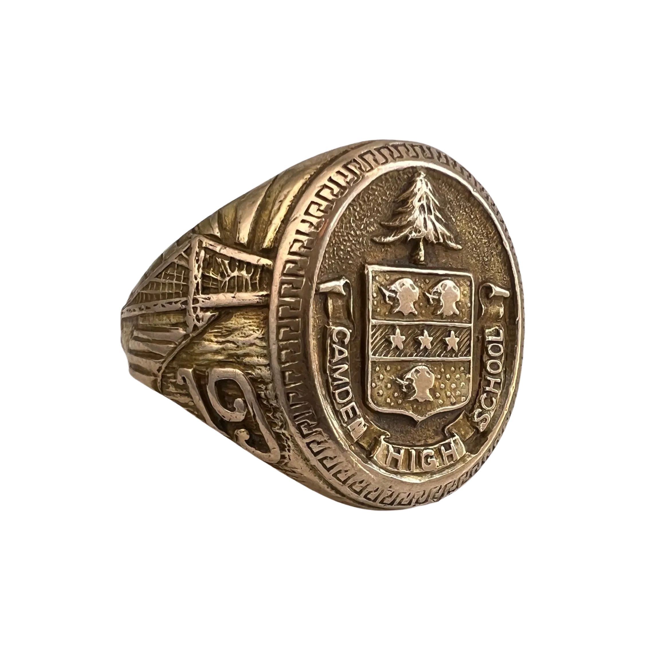 V I N T A G E // Benjamin Franklin Bridge / 10k yellow gold 1930 Camden NJ High school signet ring / size 6