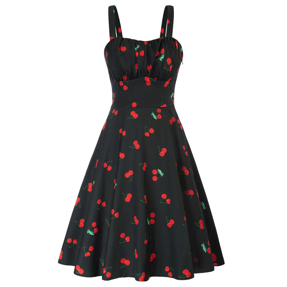 Vintage Cherry Printed Two-Way Defined Waist Dress Ruched Bodice Flared A-Line Dress